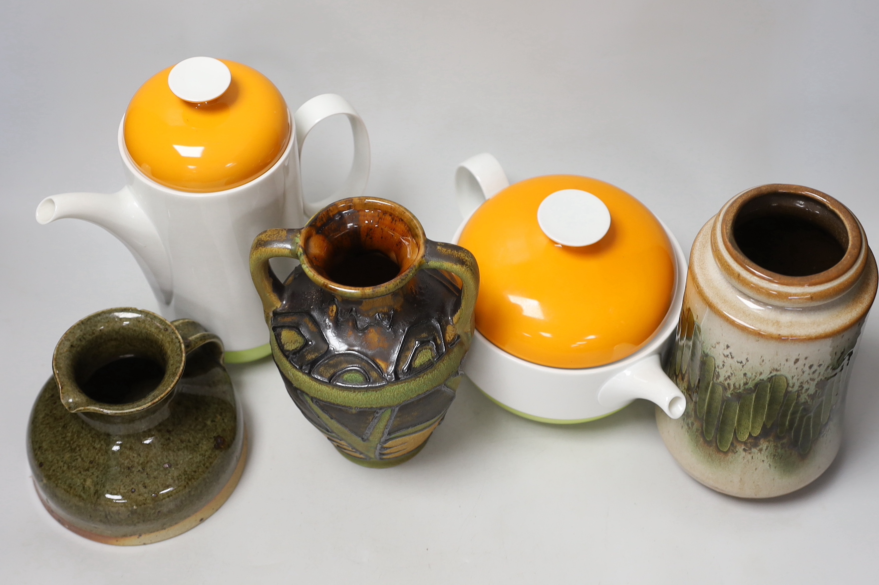 A 1960’s orange, green and white Rosenthal tea and coffee pot and a 'Bay' pottery vase, another and a jug, Rosenthal coffee pot 24cm high